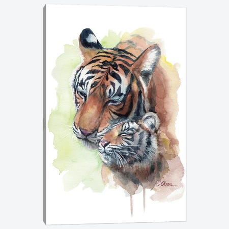 Mother and Baby Tigers Canvas Print #WLU62} by Watercolor Luv Canvas Artwork