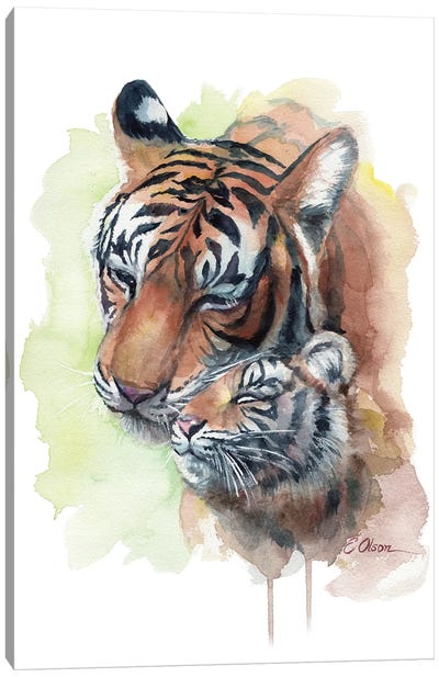 Mother and Baby Tigers Canvas Art Print - Watercolor Luv