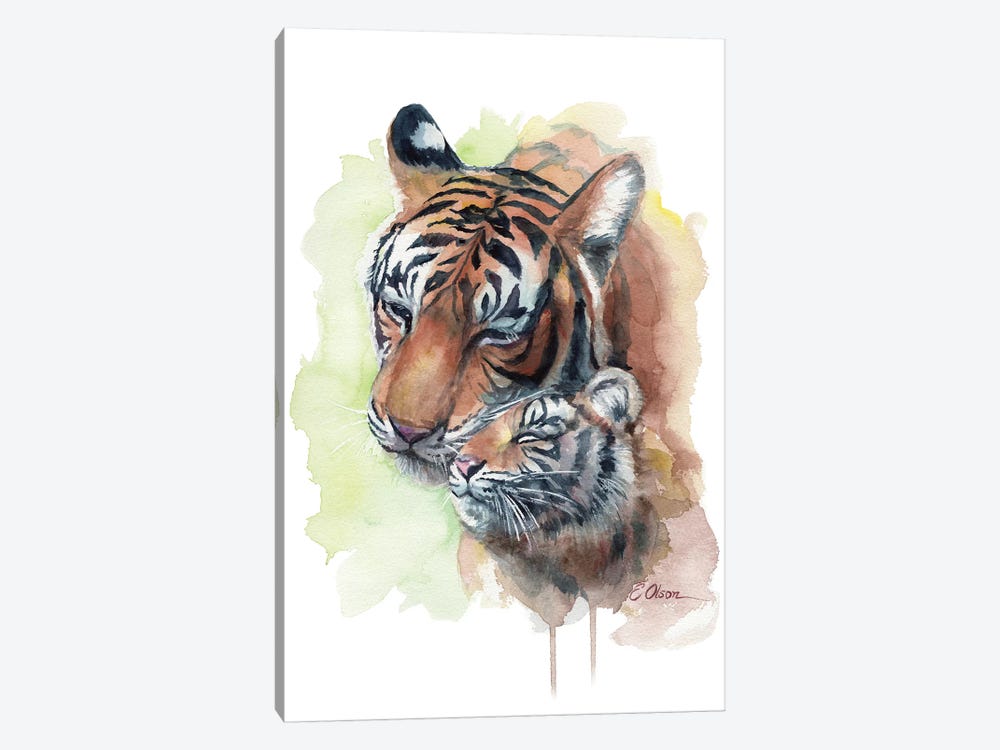 Mother and Baby Tigers by Watercolor Luv 1-piece Canvas Art