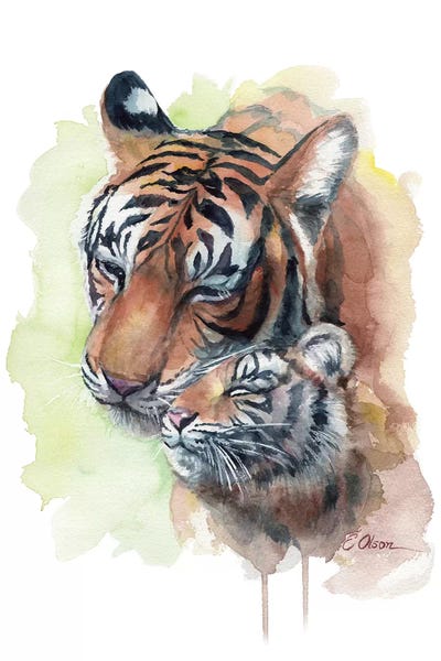 Kids Inspirational Art: Mother and Baby Tigers by Watercolor Luv