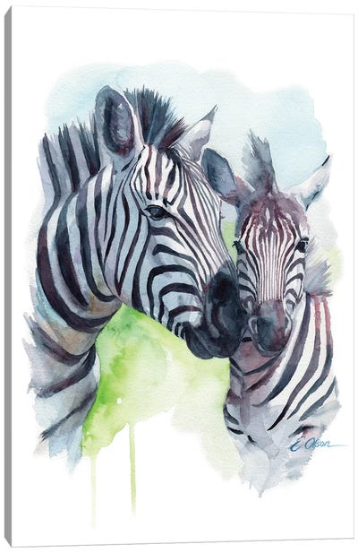 Mother and Baby Zebras Canvas Art Print - Watercolor Luv