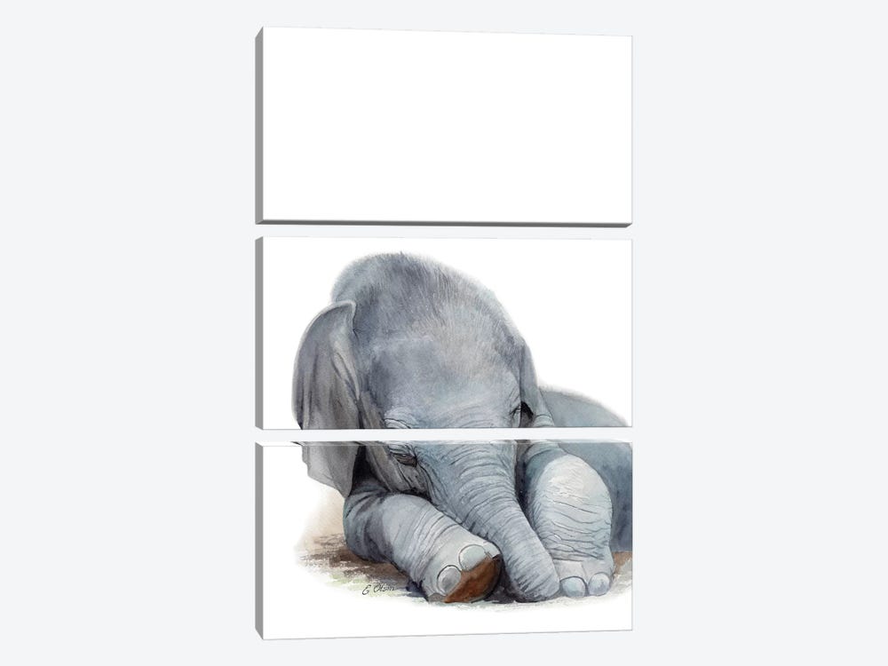 Sleeping Baby Elephant by Watercolor Luv 3-piece Canvas Print