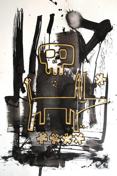 Neo-expressionism: Gold Skull Dog by Well Well