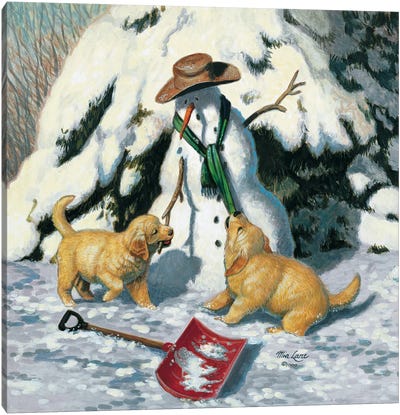 Playful Persuasion-Golden Retriever Canvas Art Print - Snowman Art