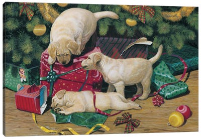 Christmas Surprise-Yellow Labs Canvas Art Print - Golden Retriever Art