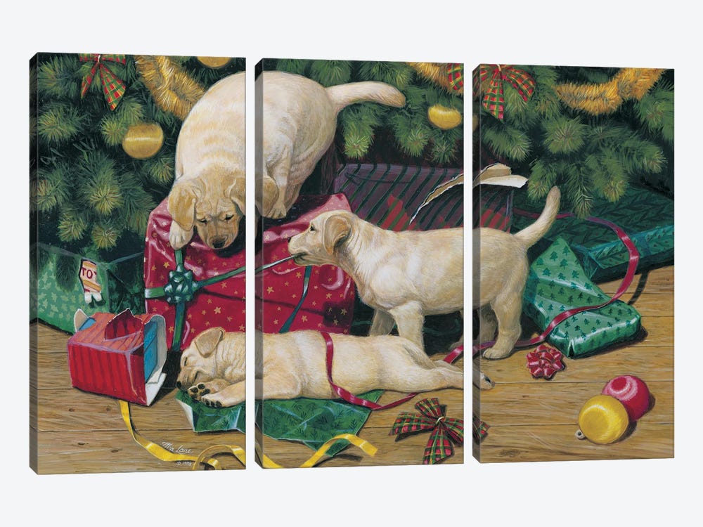 Christmas Surprise-Yellow Labs by Mia Lane 3-piece Canvas Art Print