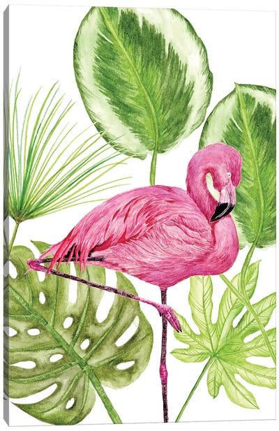 Tropical Flamingo II Canvas Art Print - Tropical Leaf Art