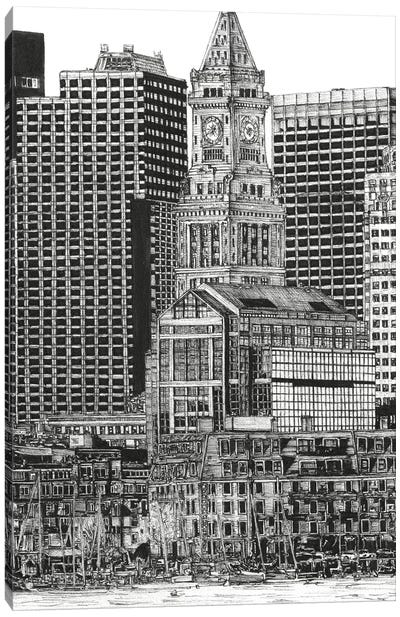 Boston Cityscape in Black & White Canvas Art Print - Massachusetts Art