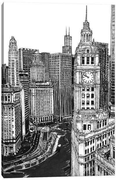 Chicago Cityscape in Black & White Canvas Art Print - Tower Art
