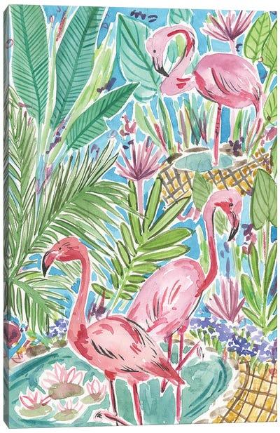 Flamingo Paradise I Canvas Art Print - Tropical Leaf Art