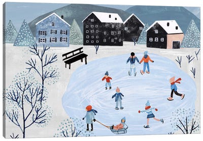 Snowy Village Collection A Canvas Art Print - Ice Skating Art