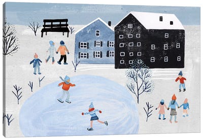 Snowy Village Collection D Canvas Art Print - Ice Skating Art