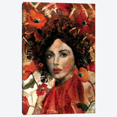 Portrait With Red And Orange Flowers Canvas Print #WNN20} by Winnie Eaton Canvas Art