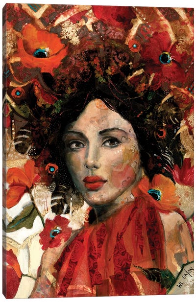 Portrait With Red And Orange Flowers Canvas Art Print