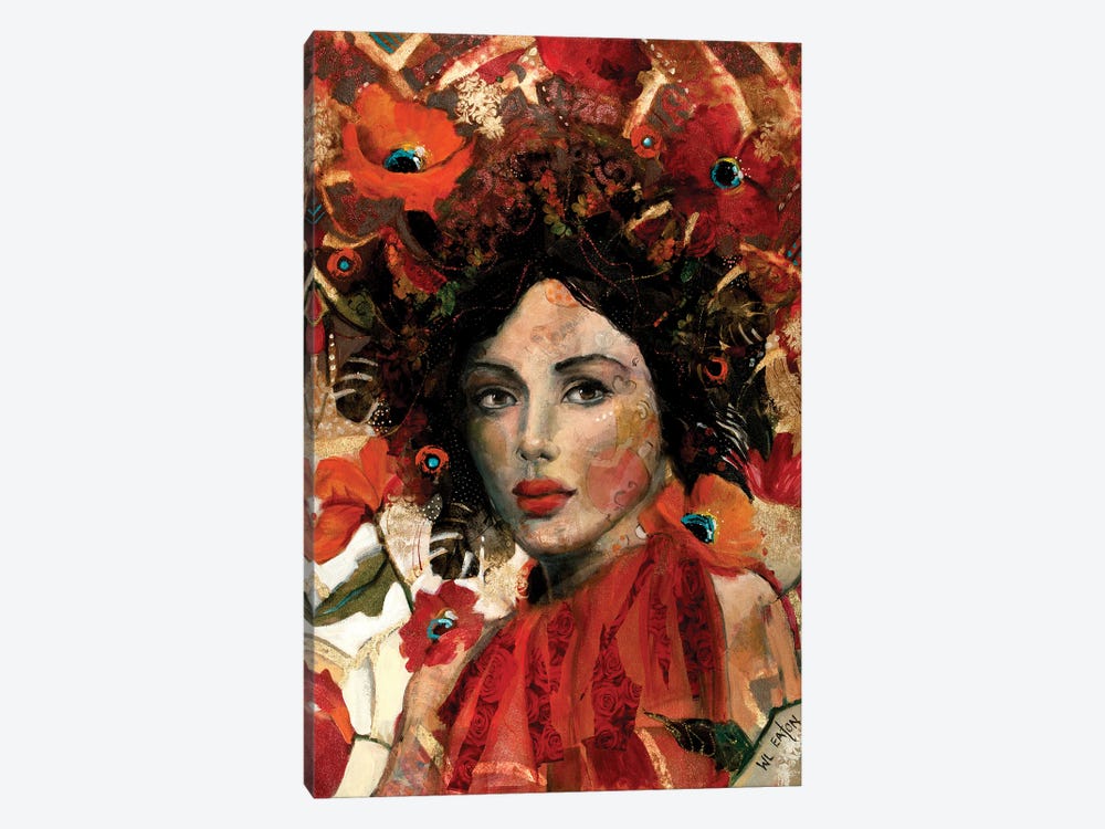Portrait With Red And Orange Flowers by Winnie Eaton 1-piece Canvas Wall Art