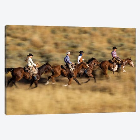 Cowboys And A Cowgirl Riding Domestic Horse Pair Through Field, Oregon Canvas Print #WOT20} by Konrad Wothe Canvas Art Print