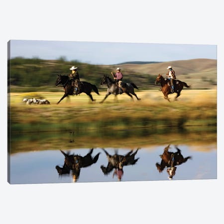 Cowboys Riding Domestic Horses With Dogs Running Beside Pond, Oregon Canvas Print #WOT21} by Konrad Wothe Canvas Print