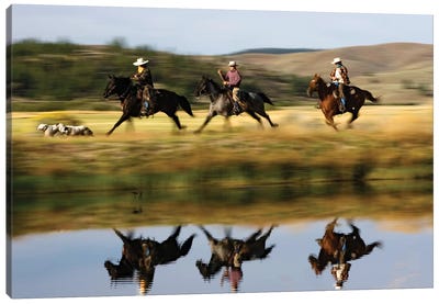 Cowboys Riding Domestic Horses With Dogs Running Beside Pond, Oregon Canvas Art Print - Konrad Wothe