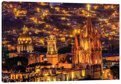 San Miguel de Allende, Mexico, Miramar Overlook Night, Parroquia Archangel Church Canvas Art Print - Mexico Art