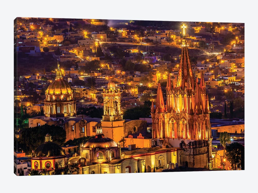 San Miguel de Allende, Mexico, Miramar Overlook Night, Parroquia Archangel Church by William Perry 1-piece Canvas Art Print