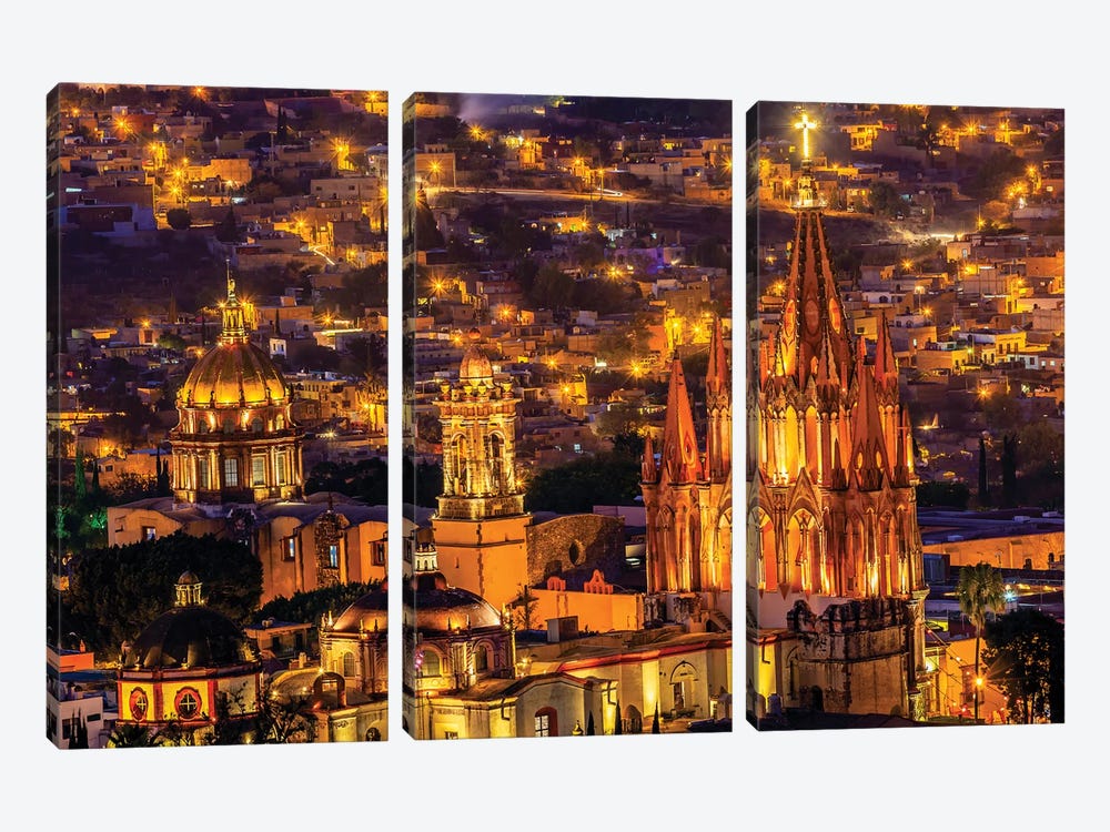 San Miguel de Allende, Mexico, Miramar Overlook Night, Parroquia Archangel Church by William Perry 3-piece Art Print