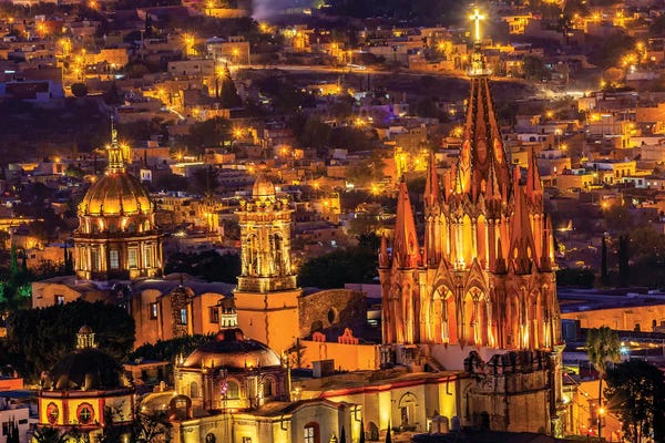 Mexico: San Miguel de Allende, Mexico, Miramar Overlook Night, Parroquia Archangel Church by William Perry