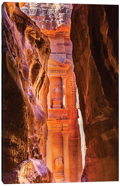 Yellow canyon and the Treasury in the Morning. Petra, Jordan Canvas Art Print - Petra