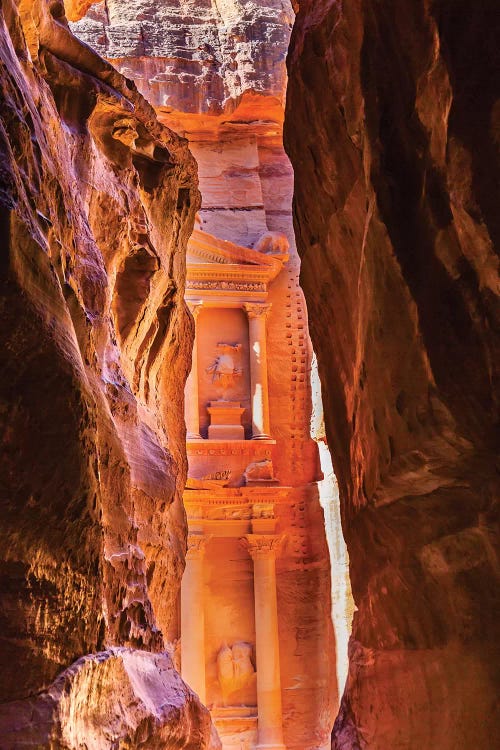 Yellow canyon and the Treasury in the Morning. Petra, Jordan