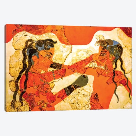 Akrotiri Boxing Children Fresco From The Wall Paintings Of Thera, National Archaeological Museum, Athens, Greece Canvas Print #WPE21} by William Perry Canvas Art Print