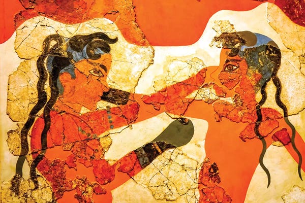 William Perry: Akrotiri Boxing Children Fresco From The Wall Paintings Of Thera, National Archaeological Museum, Athens, Greece by William Perry