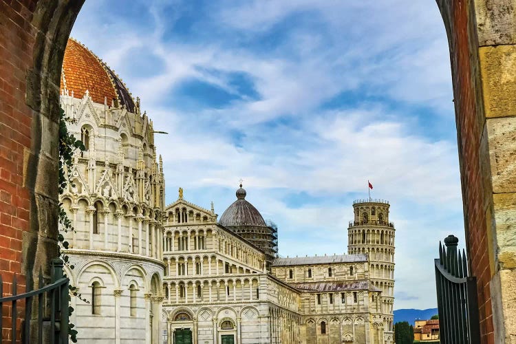 City Gate Of Piazza Del Miracoli With Leaning Tower Of Pisa And Pisa Baptistery Of St. John, Tuscany Italy. Completed In 1300'S.