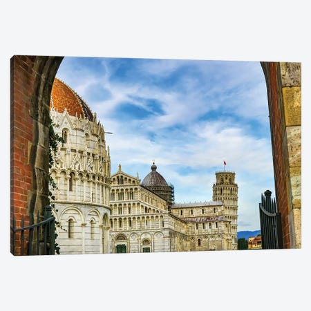 City Gate Of Piazza Del Miracoli With Leaning Tower Of Pisa And Pisa Baptistery Of St. John, Tuscany Italy. Completed In 1300'S. Canvas Print #WPE25} by William Perry Canvas Wall Art