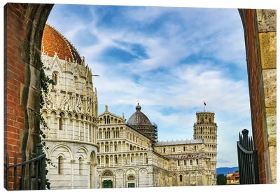 City Gate Of Piazza Del Miracoli With Leaning Tower Of Pisa And Pisa Baptistery Of St. John, Tuscany Italy. Completed In 1300'S. Canvas Art Print - Gate Art