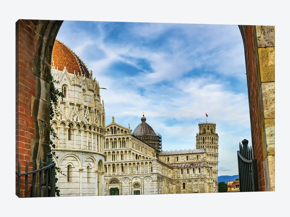 City Gate Of Piazza Del Miracoli With Leaning Tower Of Pisa And Pisa Baptistery Of St. John, Tuscany Italy. Completed In 1300'S. by William Perry 1-piece Canvas Print