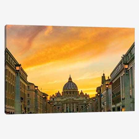 Orange sunset and illuminated streetlights. Saint Peter's Basilica, Vatican, Rome, Italy. Canvas Print #WPE38} by William Perry Canvas Artwork