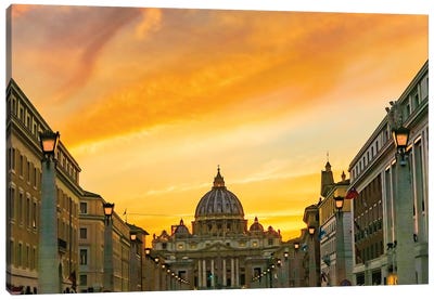 Orange Sunset And Illuminated Street Lights, Saint Peter's Basilica, Vatican, Rome, Italy Canvas Art Print
