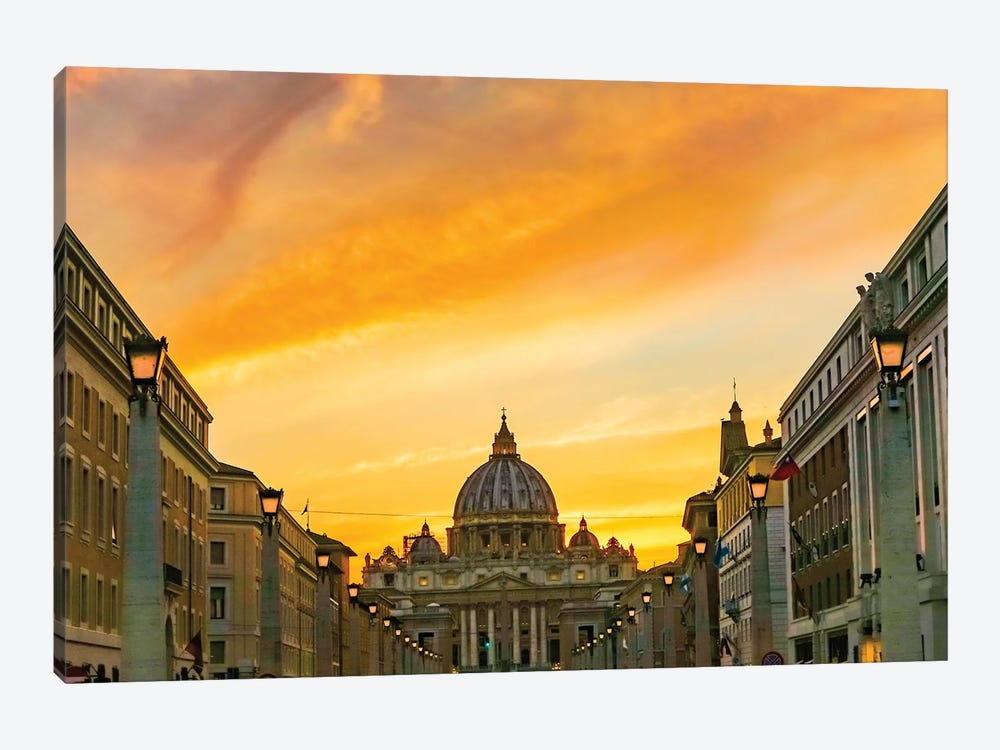 Orange Sunset And Illuminated Street Lights, Saint Peter's Basilica, Vatican, Rome, Italy by William Perry 1-piece Canvas Print
