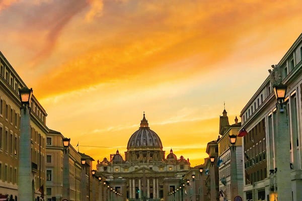 William Perry: Orange Sunset And Illuminated Street Lights, Saint Peter's Basilica, Vatican, Rome, Italy by William Perry