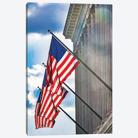 American flags at Herbert Hoover Building, Washington DC, USA. Canvas Print #WPE39} by William Perry Canvas Art