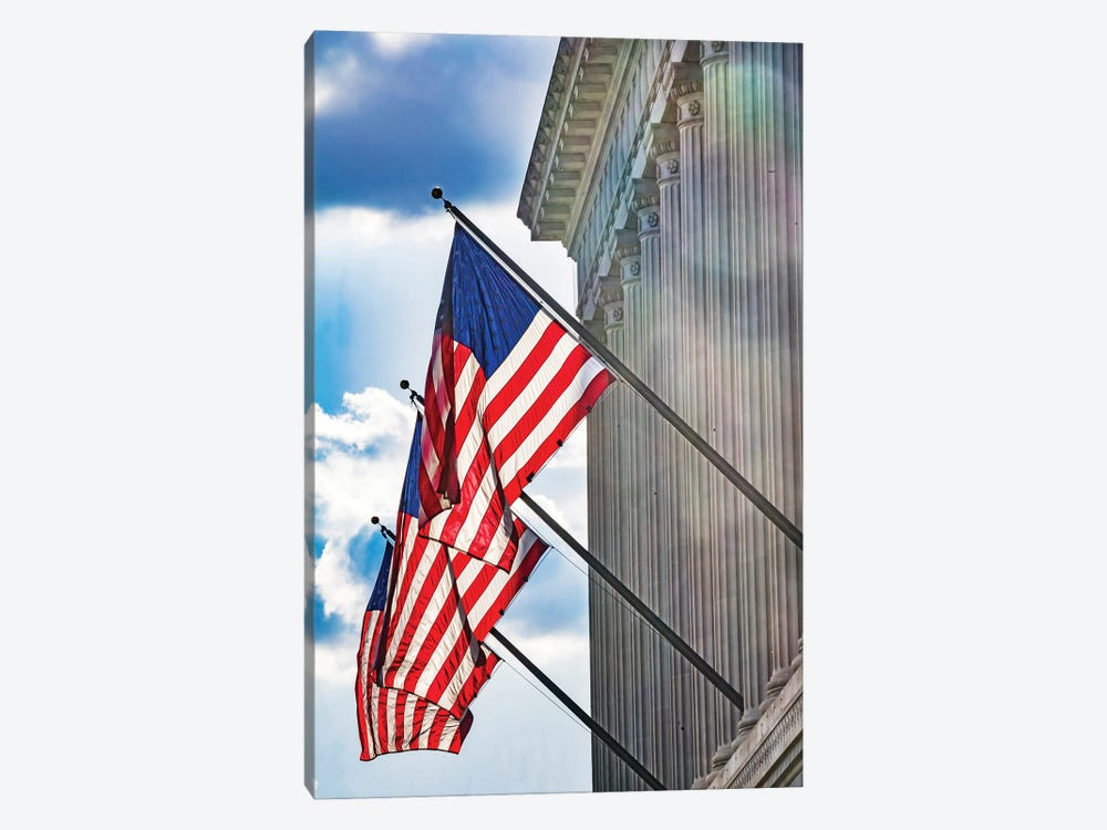 American flags at Herbert Hoover Building, Washington DC, USA. by William Perry 1-piece Canvas Artwork
