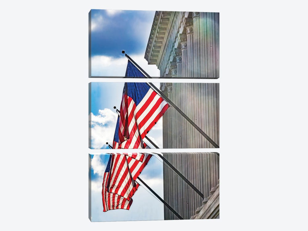 American flags at Herbert Hoover Building, Washington DC, USA. by William Perry 3-piece Canvas Wall Art