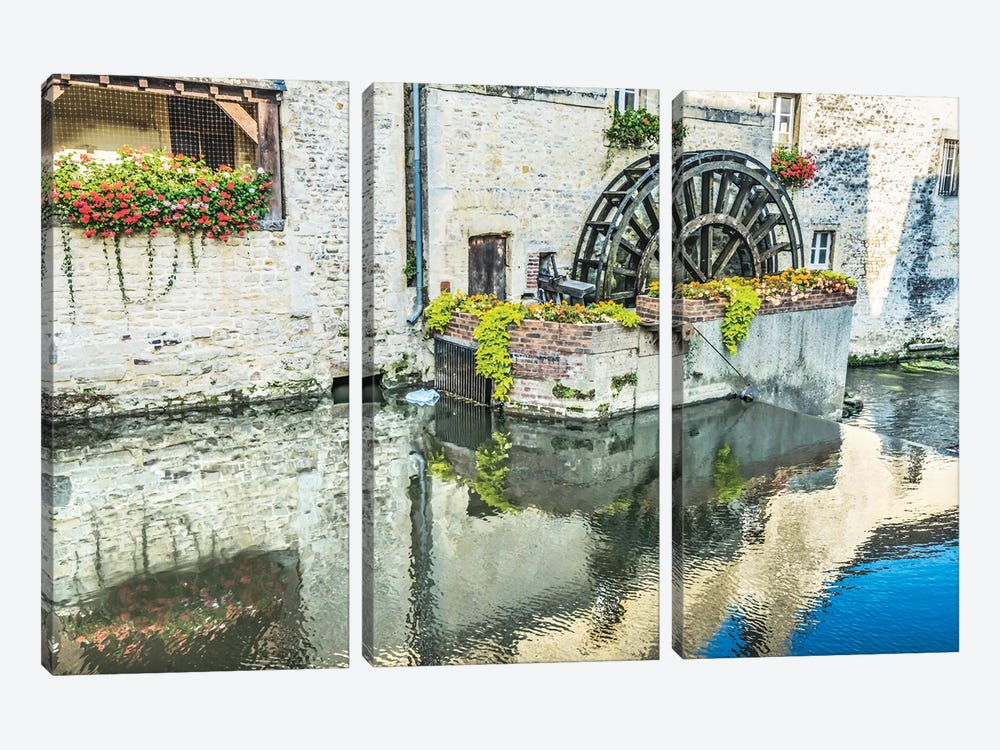 Colorful Old Buildings, Aure River Reflection, Bayeux, Normandy, First City Liberated After D-Day by William Perry 3-piece Canvas Wall Art