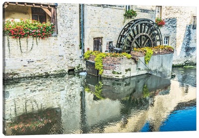 Colorful Old Buildings, Aure River Reflection, Bayeux, Normandy, First City Liberated After D-Day Canvas Art Print