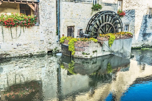 William Perry: Colorful Old Buildings, Aure River Reflection, Bayeux, Normandy, First City Liberated After D-Day by William Perry