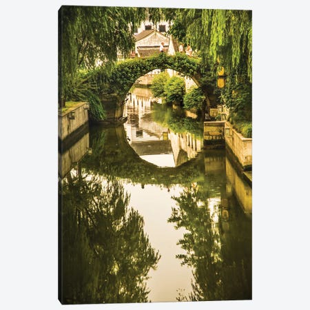 Moon Bridge, Shaoxing City, Zhejiang Province, China. Water Reflections Small City, China Canvas Print #WPE44} by William Perry Canvas Art