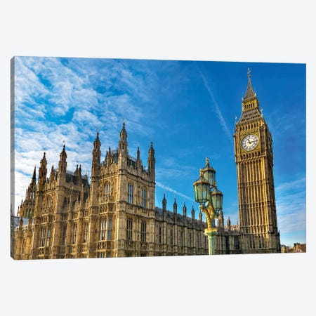 Big Ben, Parliament And Lamp Post, Westminster, London, England Canvas Print #WPE5} by William Perry Art Print
