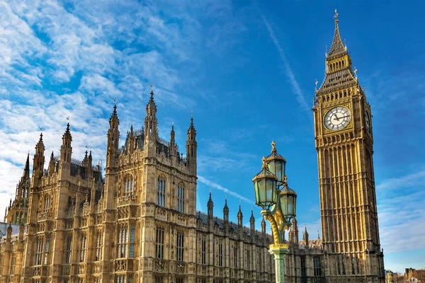 England: Big Ben, Parliament And Lamp Post, Westminster, London, England by William Perry
