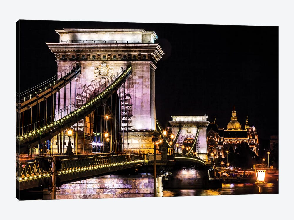 Chain Bridge, St. Stephens. Danube River Reflection, Budapest, Hungary by William Perry 1-piece Canvas Print