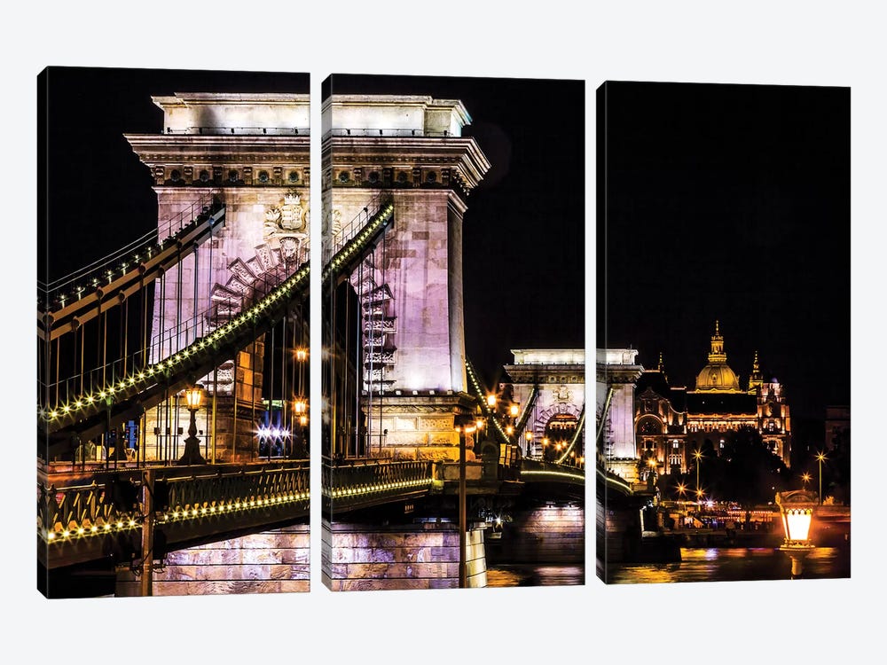 Chain Bridge, St. Stephens. Danube River Reflection, Budapest, Hungary by William Perry 3-piece Canvas Print