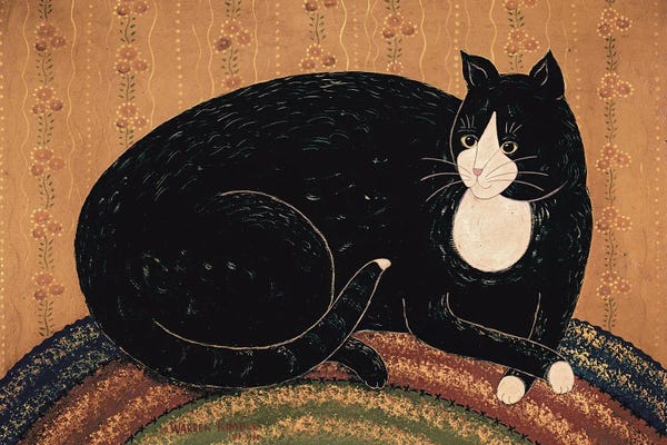 Tuxedo Cats: Black Cat On A Braided Rug by Warren Kimble